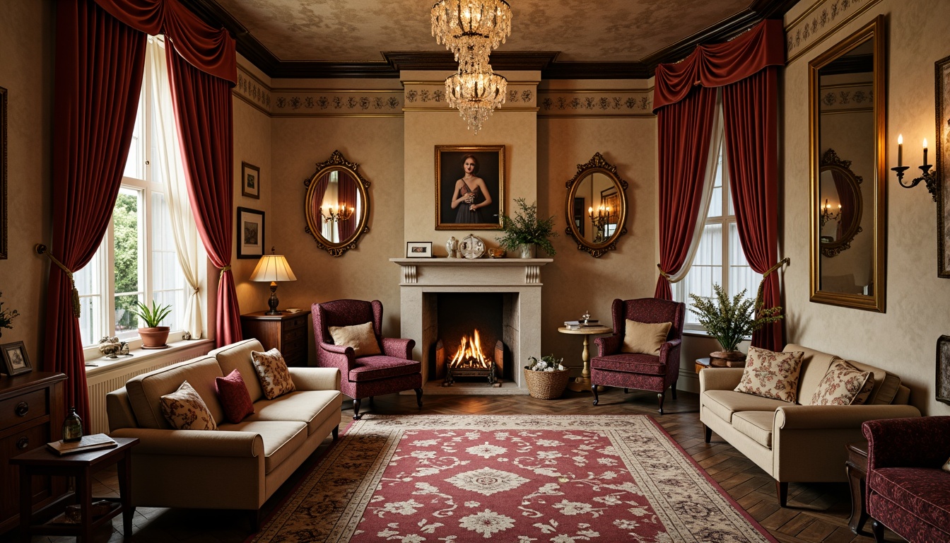 Prompt: Luxurious velvet drapes, ornate golden frames, soft candlelight, distressed wooden furniture, plush area rugs, vintage floral patterns, delicate lace curtains, antique decorative accents, rich jewel-toned colors, opulent crystal chandeliers, intimate cozy nooks, curved lines, whimsical feminine touches, warm beige walls, rustic stone fireplaces, lavish tufted upholstery, dreamy ethereal ambiance, shallow depth of field, 1/1 composition, soft focus, warm golden lighting.