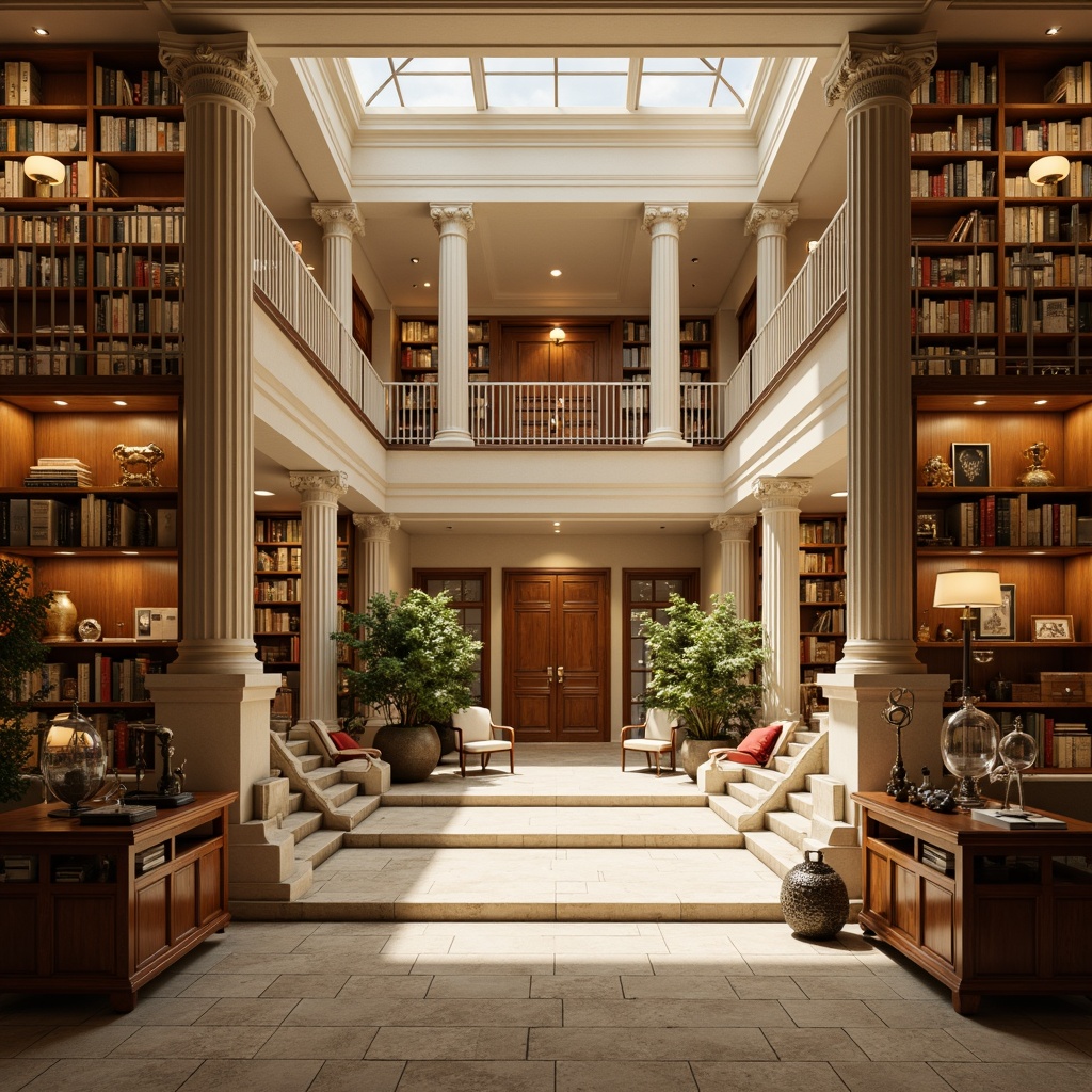 Prompt: Elegant research center, neoclassical architecture, cream-colored stone facades, ornate columns, grand entrance halls, sweeping staircases, rich wood paneling, leather-bound tomes, vintage scientific instruments, warm golden lighting, soft focus, shallow depth of field, 2/3 composition, symmetrical framing, realistic textures, subtle ambient occlusion.