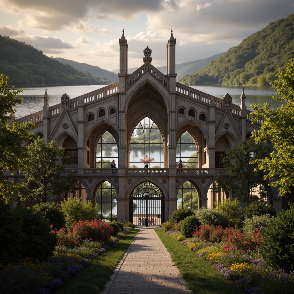 Prompt: Majestic gothic stadium, grandiose arches, ribbed vaults, flying buttresses, ornate stone carvings, mystical gargoyles, lush greenery, vibrant flowers, rolling hills, serene lakeside, misty atmosphere, dramatic cloudy sky, warm golden lighting, shallow depth of field, 1/1 composition, symmetrical view, realistic textures, ambient occlusion, intricate stonework patterns, ornate metal railings, grand entrance gates, imposing towers, majestic spires.