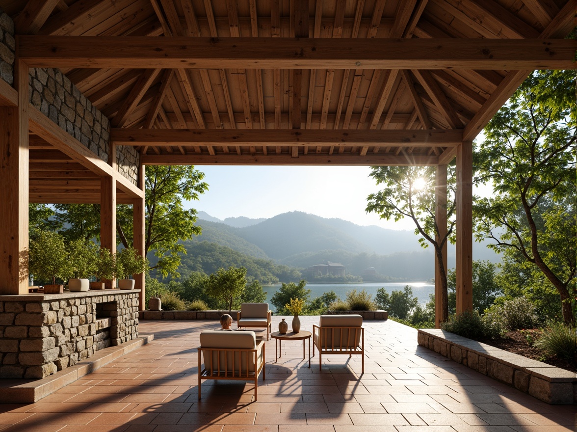 Prompt: Rustic wooden beams, natural stone walls, earthy terracotta floors, reclaimed wood accents, living green roofs, bamboo forests, misty mountains, serene lakeside, warm sunny day, soft diffused lighting, shallow depth of field, 3/4 composition, panoramic view, realistic textures, ambient occlusion, organic shapes, handcrafted details, eco-friendly materials, sustainable building practices, minimalist decor, cozy interior spaces.