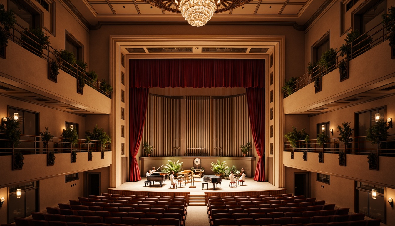 Prompt: Intimate concert hall, rich wood tones, ornate balconies, velvet curtains, grand pianos, polished brass instruments, warm stage lighting, soft shadows, elegant chandeliers, refined acoustic panels, sound-absorbing materials, precise speaker placement, optimal seating arrangements, classic architectural details, sophisticated interior design, warm beige colors, subtle texture variations, shallow depth of field, 2/3 composition, realistic reflections, ambient occlusion.