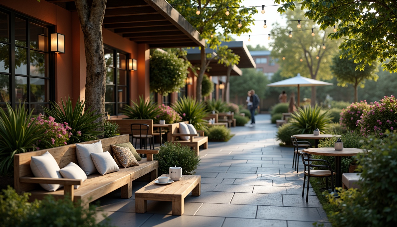 Prompt: Cozy coffee shop patio, rustic wooden benches, plush cushions, natural stone flooring, lush greenery, vibrant flowers, modern metal tables, minimalist chairs, warm string lighting, soft ambient glow, shallow depth of field, 3/4 composition, panoramic view, realistic textures, ambient occlusion.