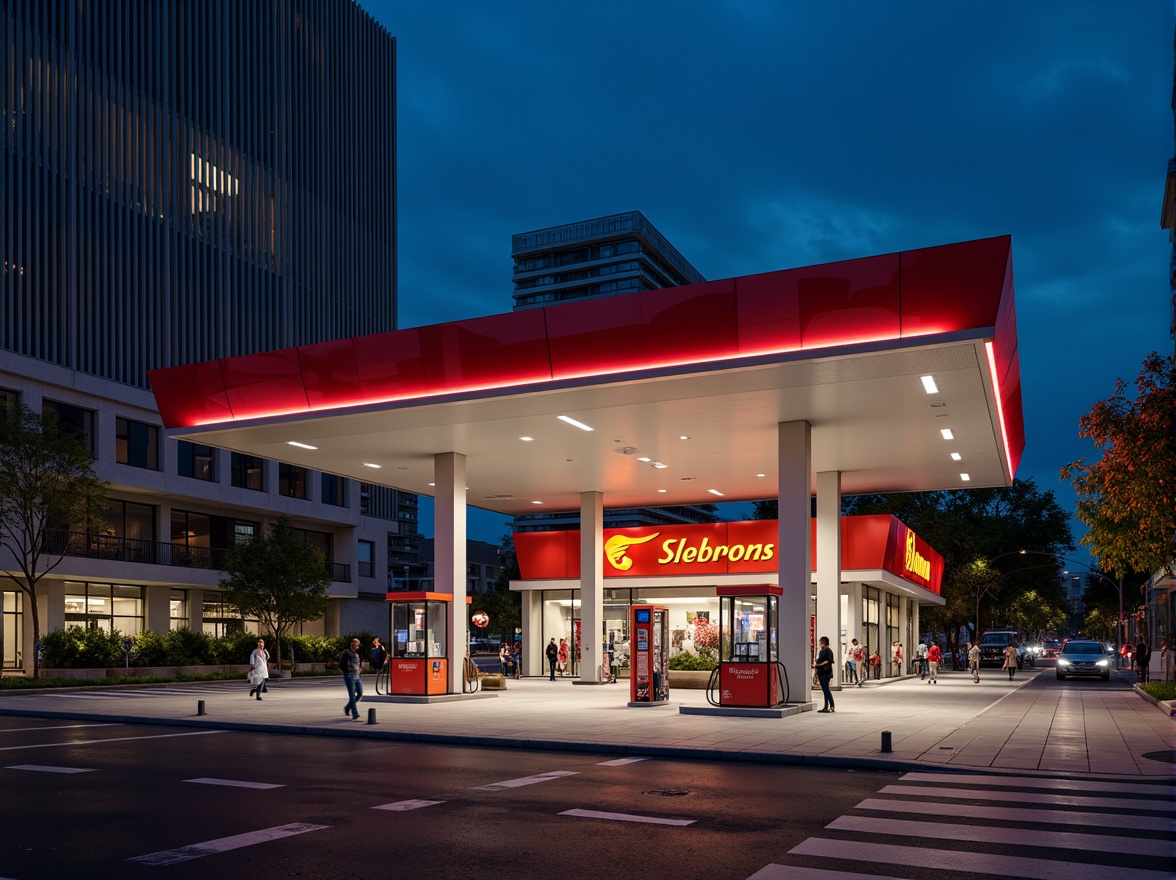 Prompt: Geometric gas station, bold primary colors, industrial materials, angular lines, minimalist design, cantilevered canopies, functional typography, urban landscape, busy streets, modern cityscape, dramatic nighttime lighting, high-contrast shadows, 1/1 composition, symmetrical framing, realistic reflections, ambient occlusion, futuristic fuel pumps, sleek metal accents, neon signage, retro-futuristic aesthetic.