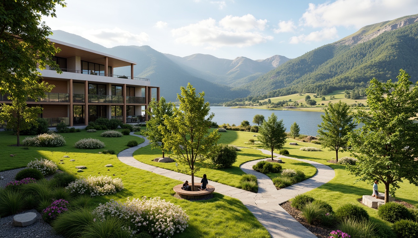 Prompt: Harmonious landscape integration, rolling hills, lush greenery, serene lakeside, walking trails, wooden benches, natural stone pathways, modern architecture, large windows, glass doors, blooming flowers, sunny day, soft warm lighting, shallow depth of field, 3/4 composition, panoramic view, realistic textures, ambient occlusion.