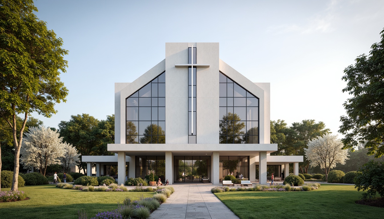 Prompt: Minimalist church facade, clean lines, rectangular forms, large glass windows, steel frames, modern cross designs, subtle stone accents, neutral color palette, natural light illumination, shallow depth of field, 3/4 composition, panoramic view, realistic textures, ambient occlusion, serene atmosphere, peaceful surroundings, lush greenery, blooming flowers, sunny day, soft warm lighting.