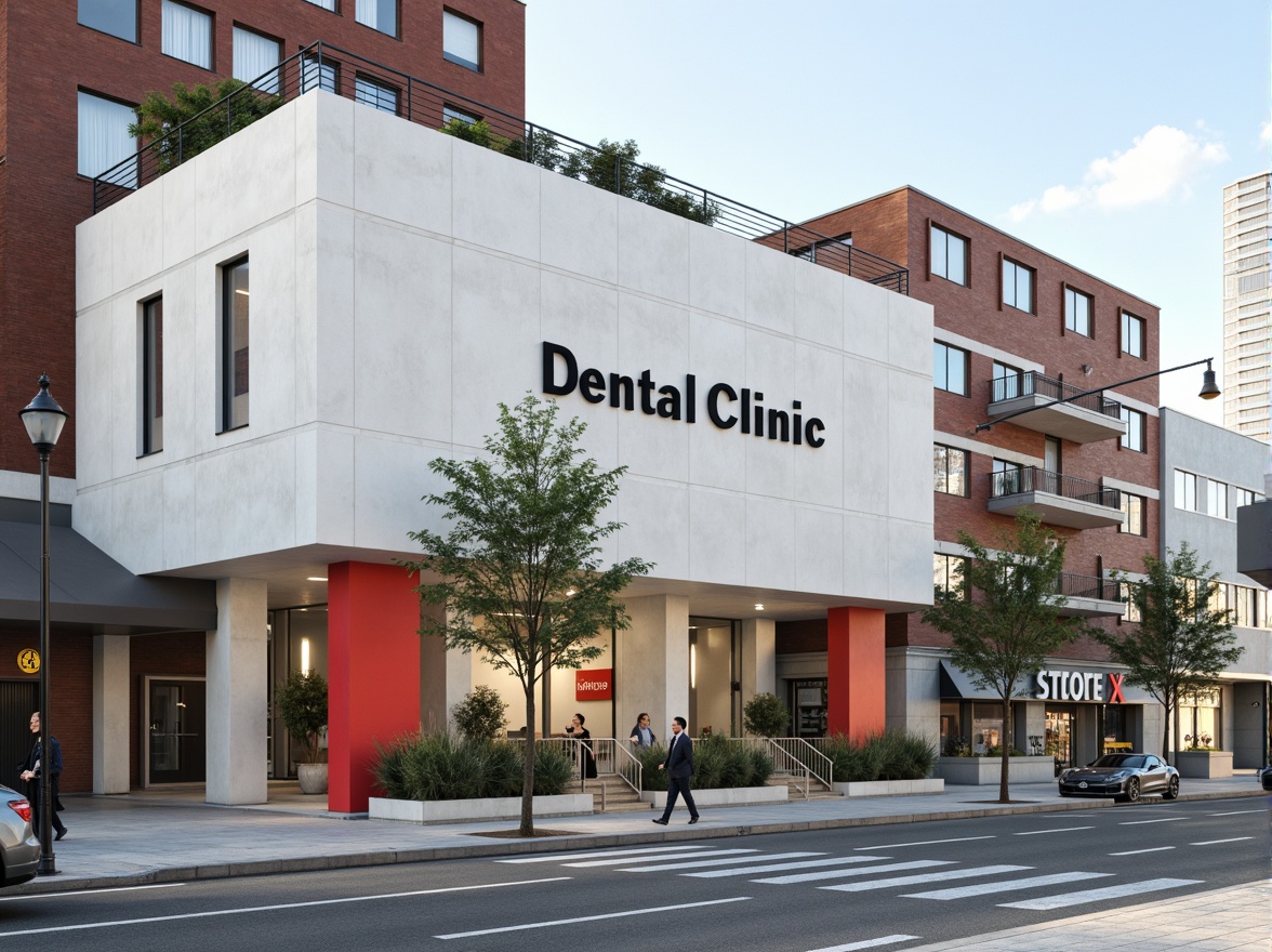 Prompt: Clean lines, rectangular forms, functional simplicity, white concrete walls, large windows, steel frames, minimalist decor, dental clinic signage, modern typography, bold color accents, geometric patterns, industrial chic atmosphere, urban cityscape, morning sunlight, soft shadows, shallow depth of field, 2/3 composition, realistic textures, ambient occlusion.