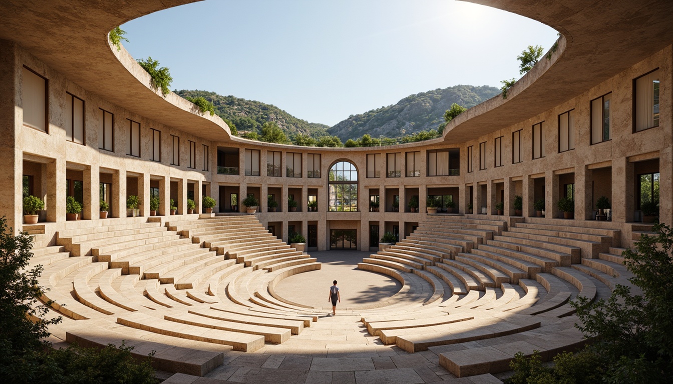 Prompt: Grand amphitheater, tiered seating, ancient Greek inspiration, natural stone walls, curved architecture, open-air design, warm sunny day, soft diffused lighting, high ceilings, clerestory windows, skylights, ambient illumination, subtle shadows, rustic textures, earthy tones, lush greenery, surrounding hills, panoramic views, 1/1 composition, realistic rendering, atmospheric perspective.