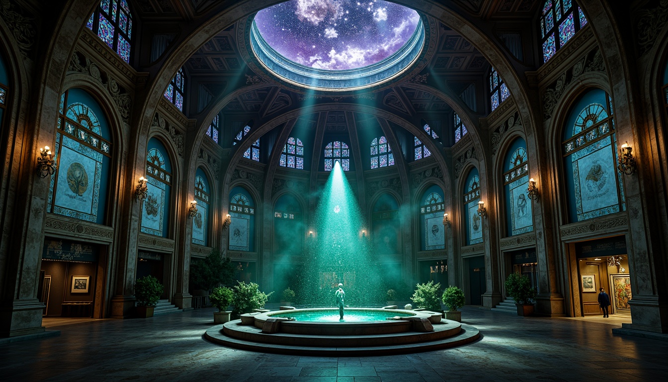 Prompt: Dark mysterious planetarium, gothic arches, celestial bodies, starry night sky, rich jewel-toned colors, emerald green, sapphire blue, amethyst purple, gold accents, intricate stone carvings, ornate metalwork, stained glass windows, grandiose chandeliers, mystical ambiance, soft ethereal lighting, dramatic shadows, 1/1 composition, symmetrical framing, high contrast ratio, cinematic atmosphere.