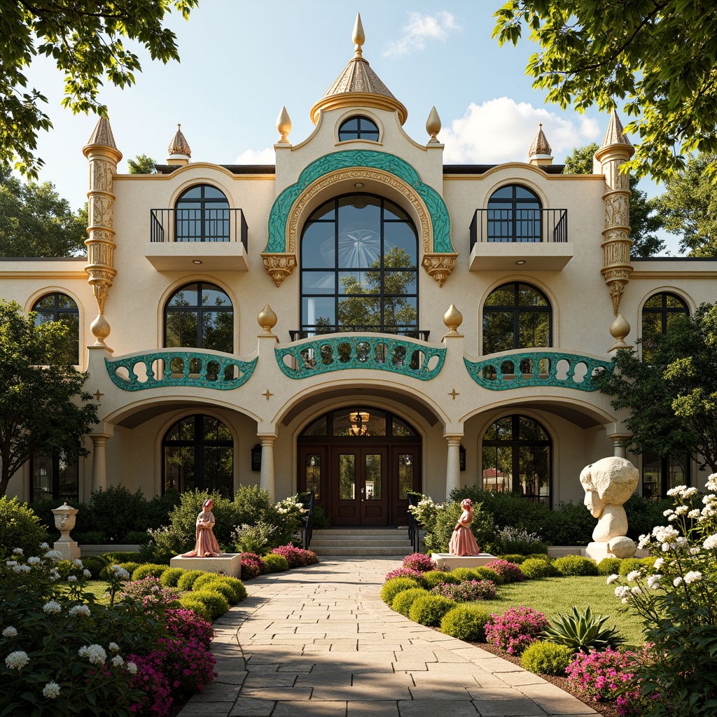 Prompt: Whimsical Art Nouveau school building, curved lines, ornate decorations, flowing organic forms, vibrant turquoise accents, lush greenery, blooming flowers, winding stone pathways, naturalistic sculptures, intricate ironwork, stained glass windows, grand entrance archways, ornamental turrets, asymmetrical fa\u00e7ade, eclectic mix of materials, warm golden lighting, soft focus, shallow depth of field, 2/3 composition, romantic atmosphere, dreamy quality, nostalgic feel.