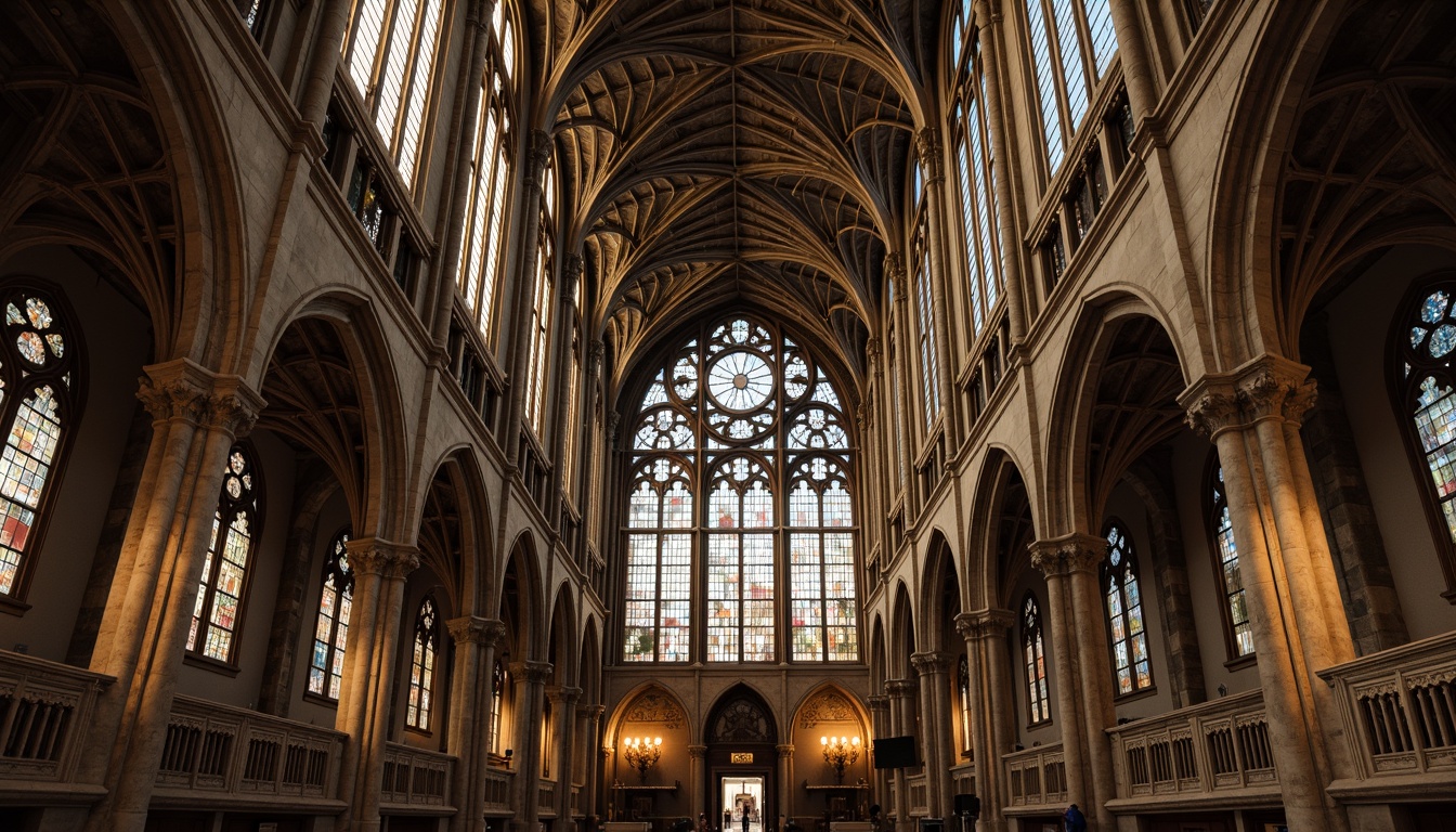 Prompt: Intricate stone carvings, ornate flying buttresses, grand cathedral architecture, ribbed vaulted ceilings, stained glass windows, dramatic verticality, soaring heights, majestic pillars, richly textured stonework, mystical ambiance, soft warm lighting, shallow depth of field, 3/4 composition, panoramic view, realistic textures, ambient occlusion.