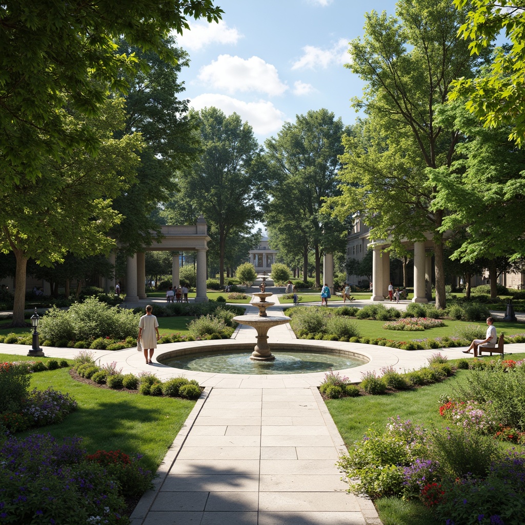 Prompt: Manicured lawns, ornate fountains, symmetrical gardens, majestic trees, walking paths, stone statues, classical columns, ornamental hedges, vibrant flower beds, tranquil ponds, serene water features, elegant street lamps, refined benches, harmonious color palette, soft natural lighting, 1/1 composition, realistic textures, ambient occlusion.