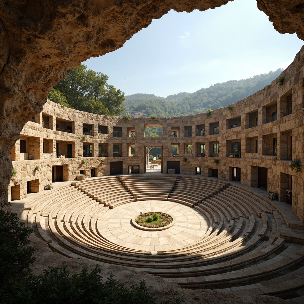 Prompt: Grand amphitheater, tiered seating, ancient Greek inspiration, natural stone walls, curved architecture, open-air design, warm sunny day, soft diffused lighting, high ceilings, clerestory windows, skylights, ambient illumination, subtle shadows, rustic textures, earthy tones, lush greenery, surrounding hills, panoramic views, 1/1 composition, realistic rendering, atmospheric perspective.