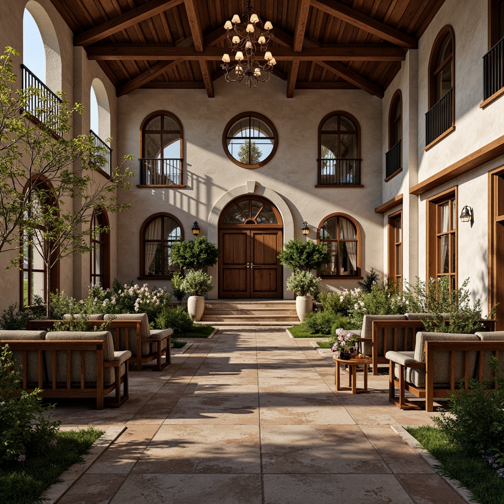 Prompt: Rustic courthouse, natural stone fa\u00e7ade, reclaimed wood accents, earthy color palette, lush greenery, blooming flowers, ornate wooden doors, stained glass windows, grand staircase, elegant chandeliers, warm soft lighting, shallow depth of field, 3/4 composition, panoramic view, realistic textures, ambient occlusion, romantic archways, intricate carvings, vintage furniture pieces, distressed finishes, natural fabrics, organic patterns.