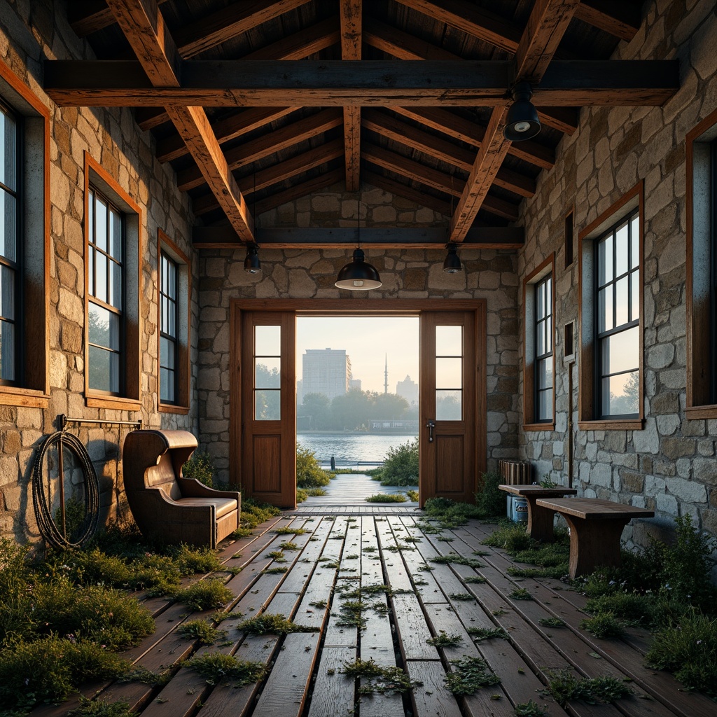 Prompt: Rustic boathouse, brutalist architecture, weathered wood accents, industrial metal beams, rough-hewn stone walls, nautical ropes, distressed wooden planks, faded naval blue, earthy brown, mossy green, rusty orange, warm golden lighting, misty morning atmosphere, shallow depth of field, 1/1 composition, realistic textures, ambient occlusion.