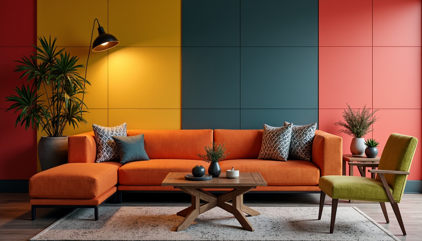 Prompt: Vibrant accent walls, bold color blocking, contrasting furniture upholstery, richly textured rugs, metallic decorative accents, modern minimalist decor, sleek low-profile seating, geometric patterned throw pillows, warm ambient lighting, soft focus blur, 1/2 composition, shallow depth of field, realistic material reflections.