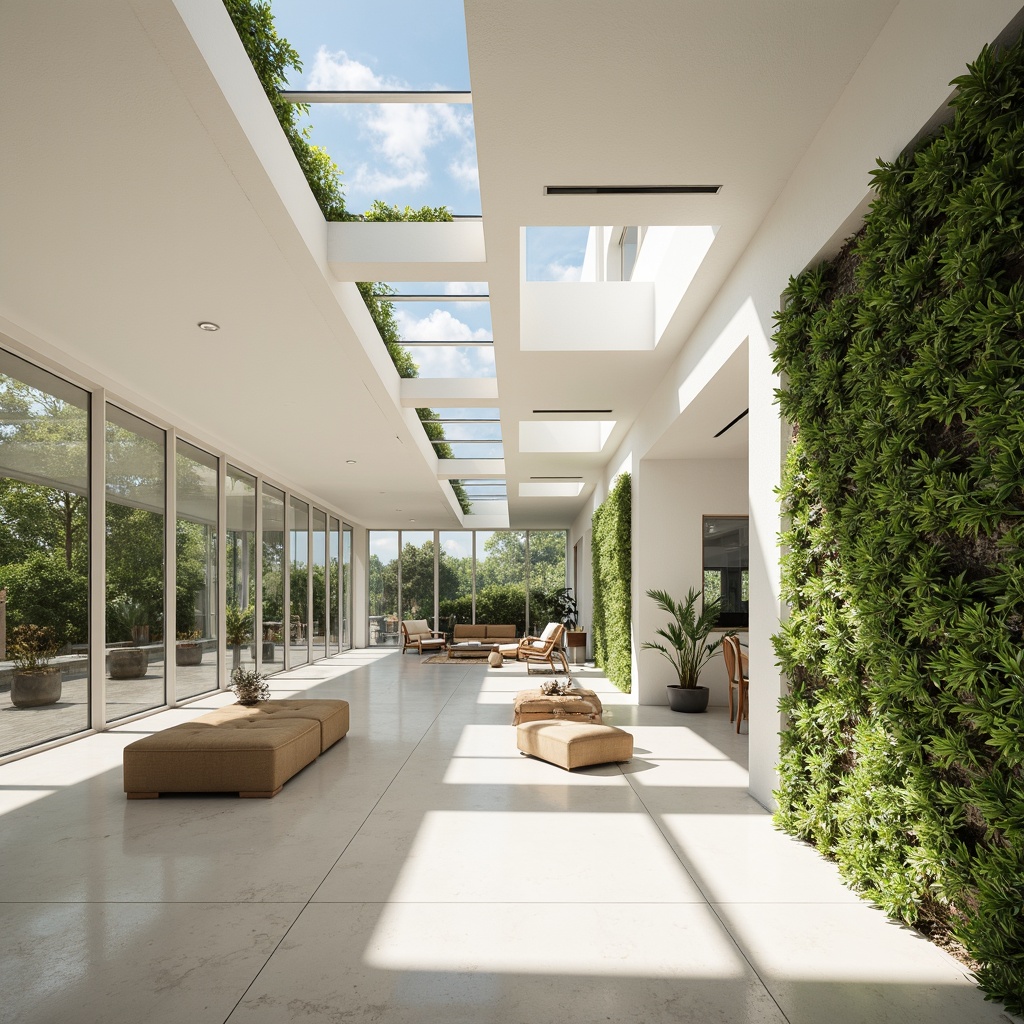 Prompt: Spacious open-plan interior, floor-to-ceiling windows, sliding glass doors, clerestory windows, skylights, reflective surfaces, minimal obstructions, airy atmosphere, natural ventilation, passive solar design, green roofs, living walls, lush vegetation, warm sunny day, soft diffused lighting, high ceilings, minimalist decor, light-colored materials, transparent partitions, seamless transitions, 1/1 composition, realistic textures, ambient occlusion.