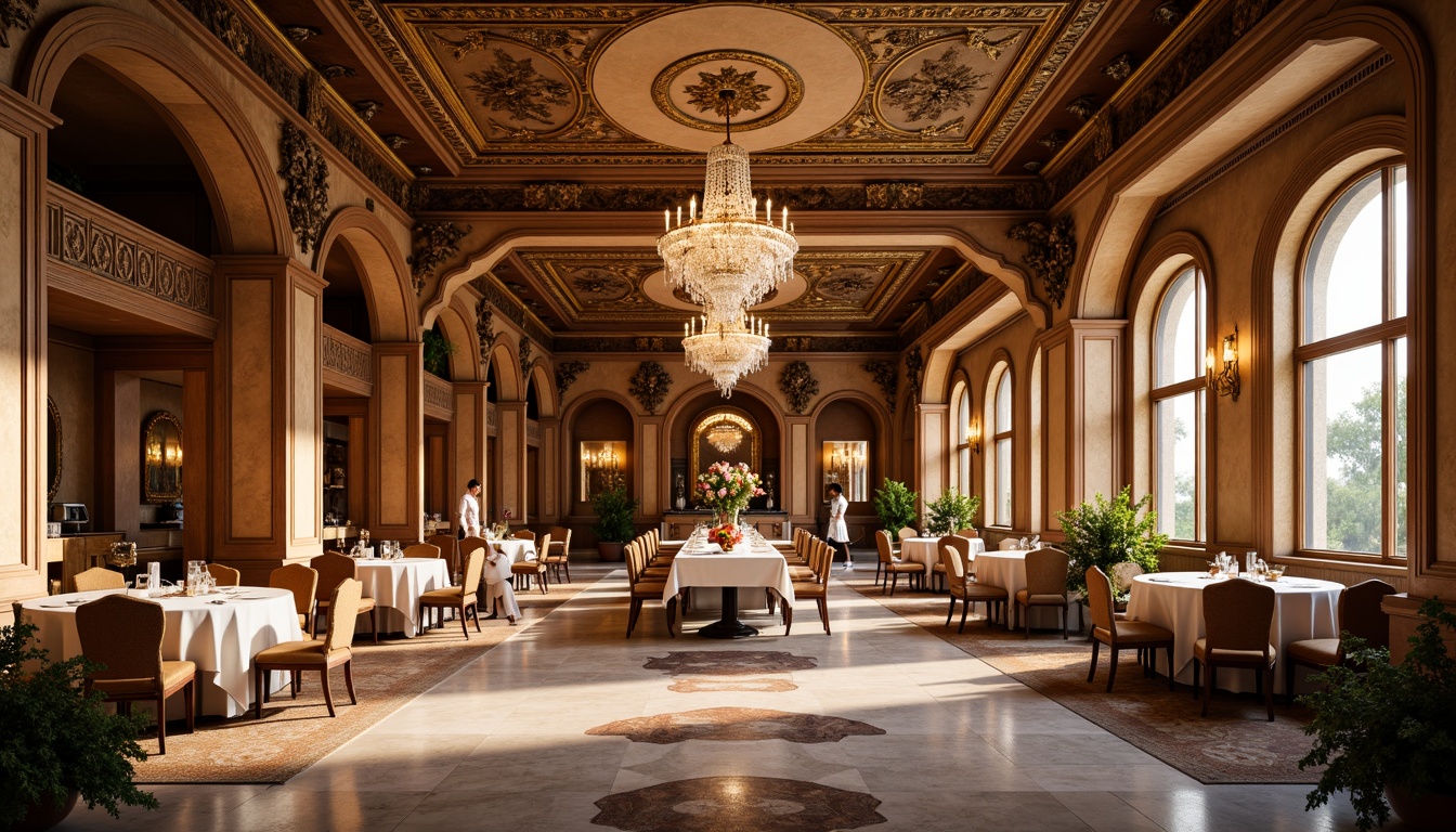 Prompt: Luxurious dining hall, ornate ceiling designs, intricate moldings, gilded details, crystal chandeliers, grandiose archways, marble floors, rich wood paneling, lavish furnishings, opulent fabrics, regal color schemes, warm golden lighting, soft shadows, 1/1 composition, realistic textures, ambient occlusion.