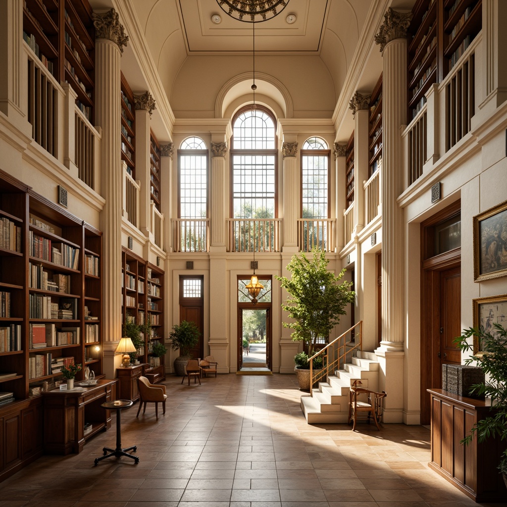 Prompt: Elegant research center, neoclassical architecture, cream-colored stone facades, ornate columns, grand entrance halls, sweeping staircases, rich wood paneling, leather-bound tomes, vintage scientific instruments, warm golden lighting, soft focus, shallow depth of field, 2/3 composition, symmetrical framing, realistic textures, subtle ambient occlusion.