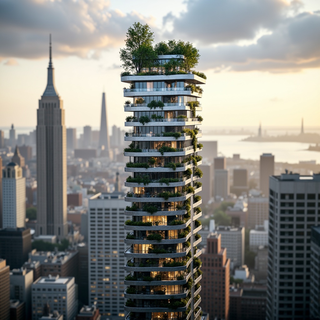 Prompt: Eco-friendly skyscraper, green roofs, solar panels, wind turbines, rainwater harvesting systems, grey water reuse, high-performance glazing, natural ventilation, double-glazed windows, low-E glass, LED lighting, occupancy sensors, energy-efficient elevators, recyclable materials, minimized waste, maximized daylight, optimized floor plates, cantilevered structures, aerodynamic shapes, urban wind farms, vertical gardens, living walls, bio-inspired facades, futuristic architecture, sleek metallic surfaces, angular lines, minimalist design, panoramic city views, dramatic cloud formations, soft warm lighting, shallow depth of field, 3/4 composition.