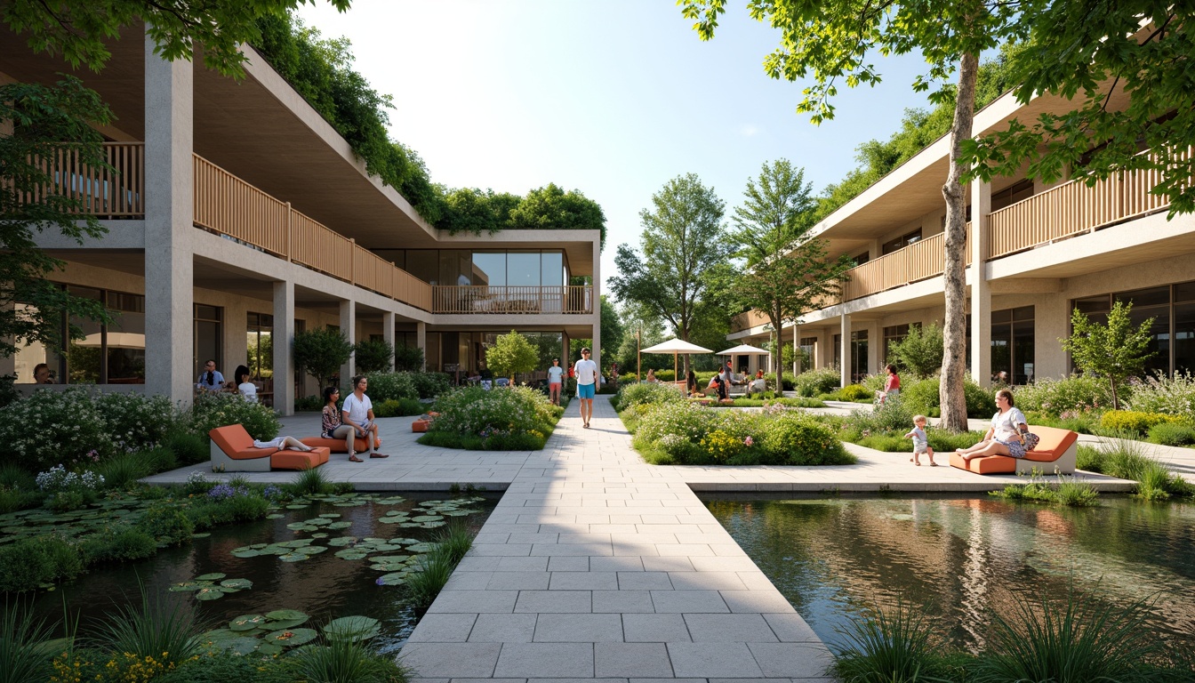 Prompt: Soothing healthcare facility, lush green roofs, natural stone walls, calming water features, serene gardens, walking trails, meditation areas, vibrant flowers, comfortable outdoor seating, warm wooden accents, large windows, abundant natural light, peaceful atmosphere, shallow depth of field, 3/4 composition, realistic textures, ambient occlusion, modern minimalist architecture, eco-friendly materials, sustainable design solutions, innovative ventilation systems, shaded outdoor spaces, misting systems.