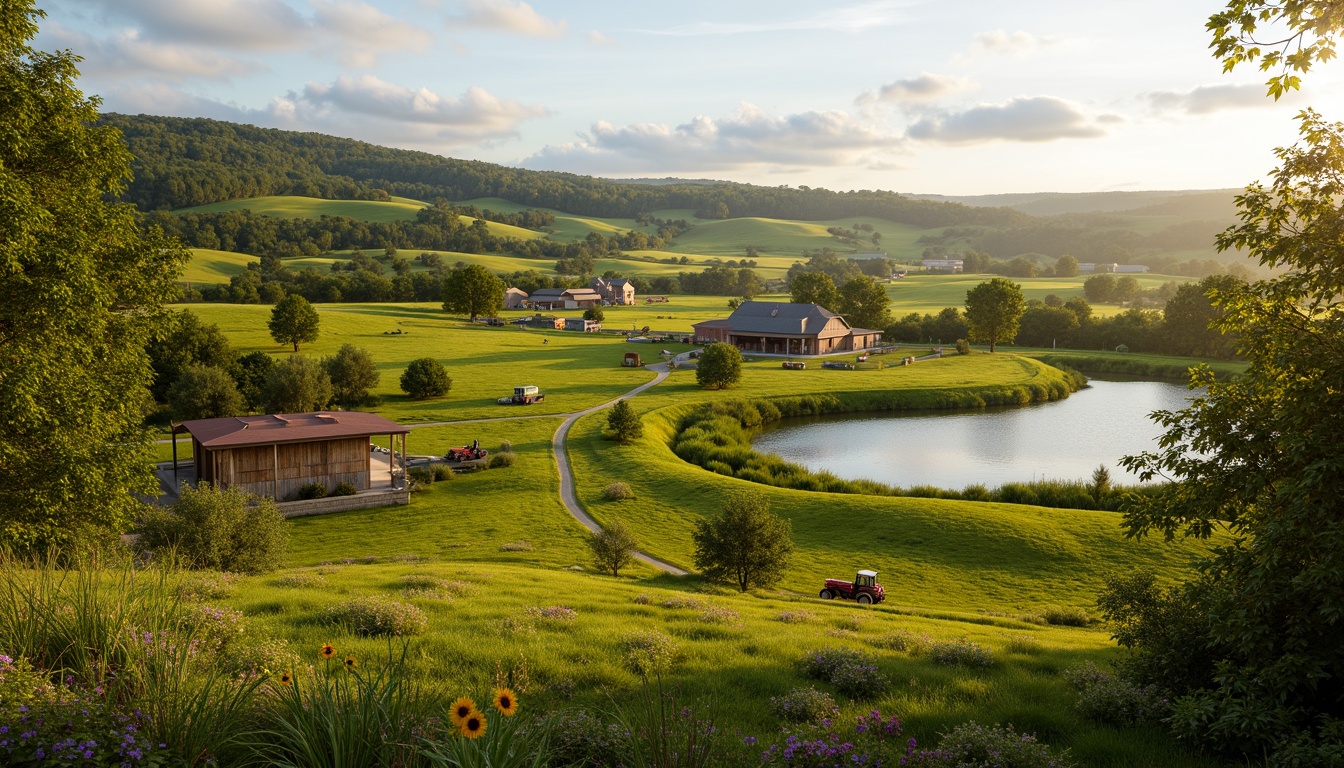 Prompt: Rustic farmland scenery, rolling hills, verdant pastures, scattered farmhouses, wooden fences, winding dirt roads, vintage tractors, lush green crops, sunflowers, wildflowers, rustic barns, weathered stone walls, natural ponds, serene rural atmosphere, warm golden lighting, shallow depth of field, 1/2 composition, panoramic view, realistic textures, ambient occlusion.