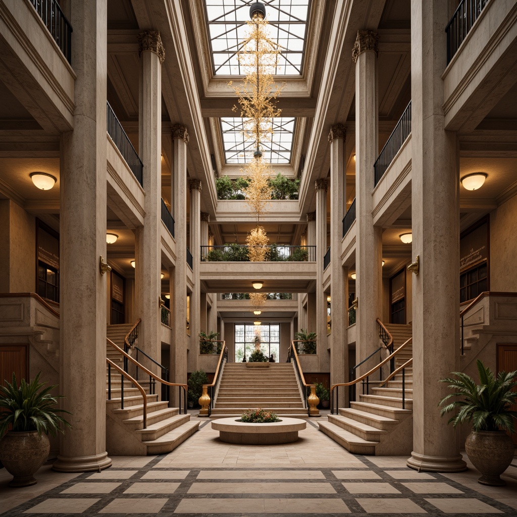 Prompt: Grandiose research center, neoclassical facade, ornate columns, carved stone details, symmetrical composition, grand entrance, sweeping staircases, elegant balustrades, refined wood paneling, luxurious chandeliers, subtle warm lighting, soft focus, shallow depth of field, 2/3 composition, panoramic view, realistic textures, ambient occlusion.