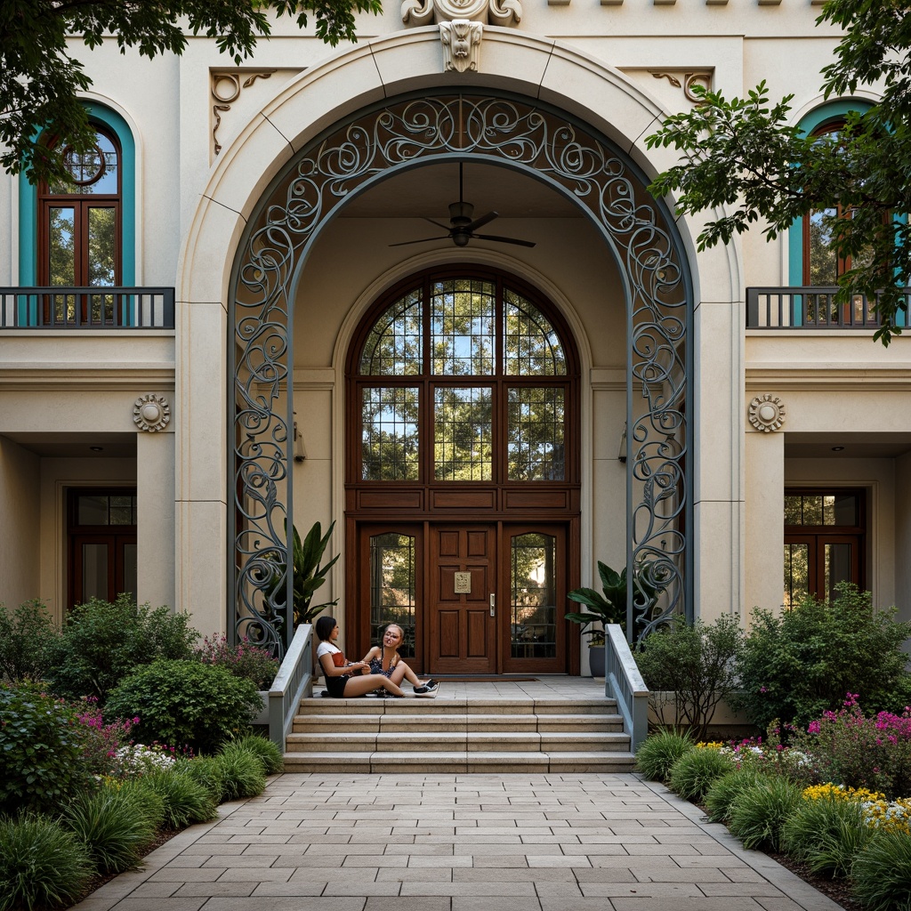 Prompt: Intricate school facade, ornate metalwork, flowing organic lines, vibrant turquoise accents, stained glass windows, grand entrance archways, decorative ceramic tiles, lush greenery, blooming flowers, natural stone walls, curved staircases, elegant wooden doors, intricate plaster ceilings, warm soft lighting, shallow depth of field, 1/1 composition, realistic textures, ambient occlusion.