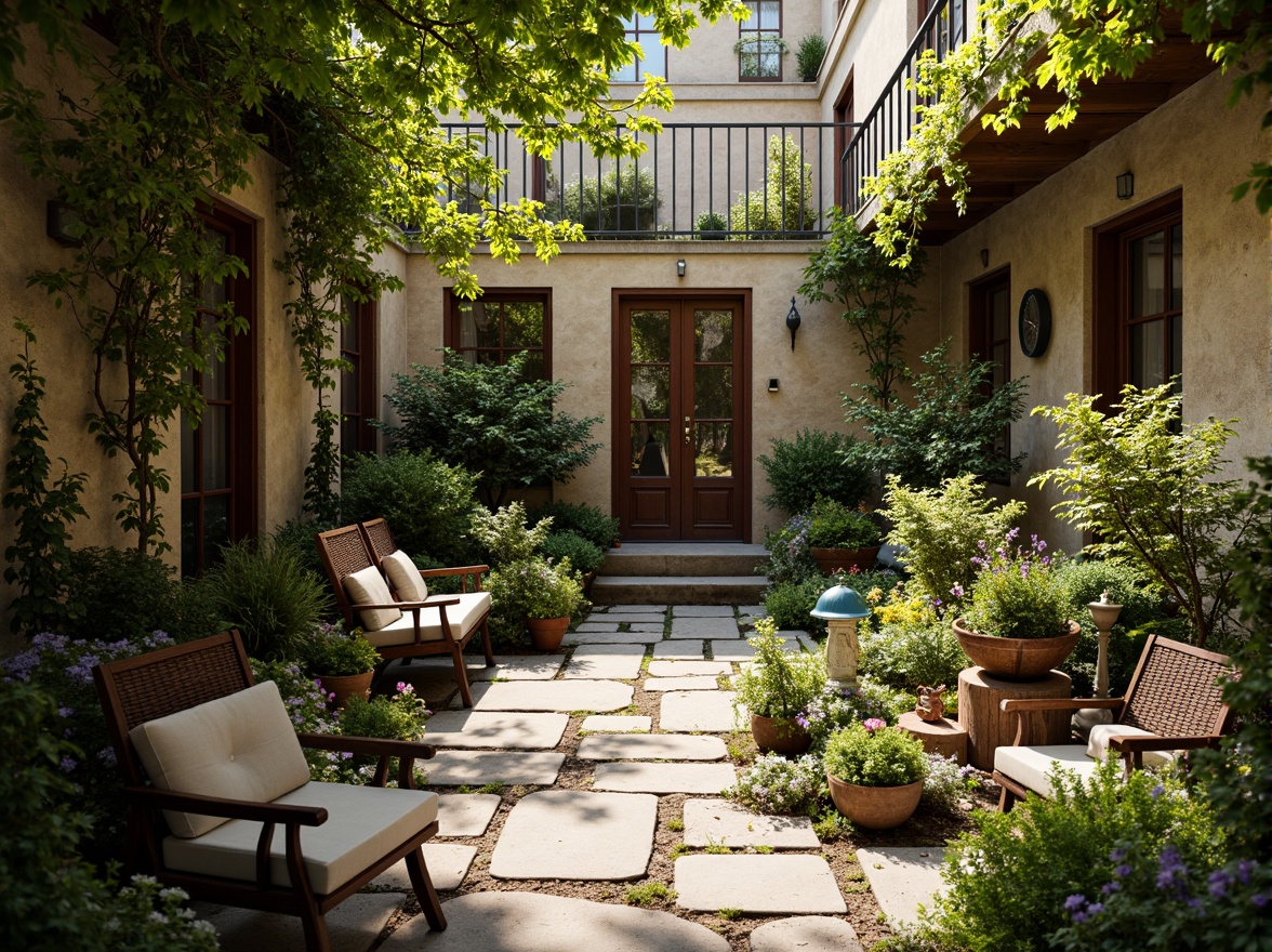 Prompt: Whimsical apartment courtyard, lush greenery, blooming flowers, meandering stone pathways, ornate iron railings, soft warm lighting, cozy seating areas, vintage garden benches, distressed wooden planters, overflowing flowerpots, delicate water features, small-scale sculptures, intimate ambiance, warm color palette, rustic stone walls, climbing vines, fragrant herbs, serene atmosphere, shallow depth of field, 1/1 composition, romantic warm tones, realistic textures, ambient occlusion.