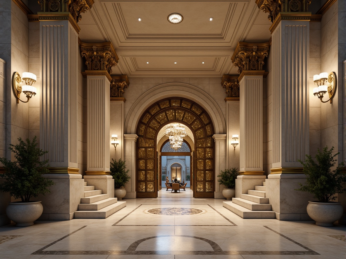 Prompt: Grandiose research center entrance, imposing stone columns, ornate bronze doors, symmetrical facade, elegant archways, intricate carvings, majestic staircases, luxurious marble floors, high ceilings, crystal chandeliers, soft warm lighting, shallow depth of field, 3/4 composition, panoramic view, realistic textures, ambient occlusion, classical Greek-inspired motifs, subtle color palette, harmonious proportions.