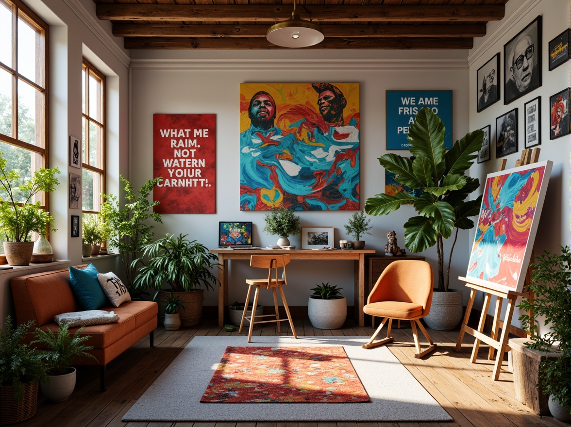 Prompt: Vibrant art studio, bold brushstrokes, contrasting colors, abstract expressionism, textured canvases, eclectic furniture, inspirational quotes, natural light pouring in, wooden floorboards, modern easels, artistic freedom, warm color palette, high-contrast lighting, shallow depth of field, 1/1 composition, realistic textures, ambient occlusion.