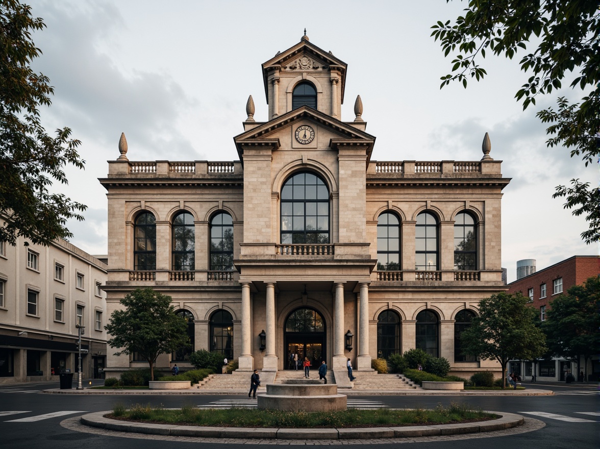 Prompt: Grandiose energy plant, neoclassical facade, ornate columns, intricate stone carvings, symmetrical architecture, grand entrance, majestic clock tower, rusticated base, ionic capitals, decorative cornices, arched windows, classical pediments, subtle color palette, earthy tones, natural stone textures, warm ambient lighting, soft focus, shallow depth of field, 2/3 composition, realistic render, atmospheric perspective.