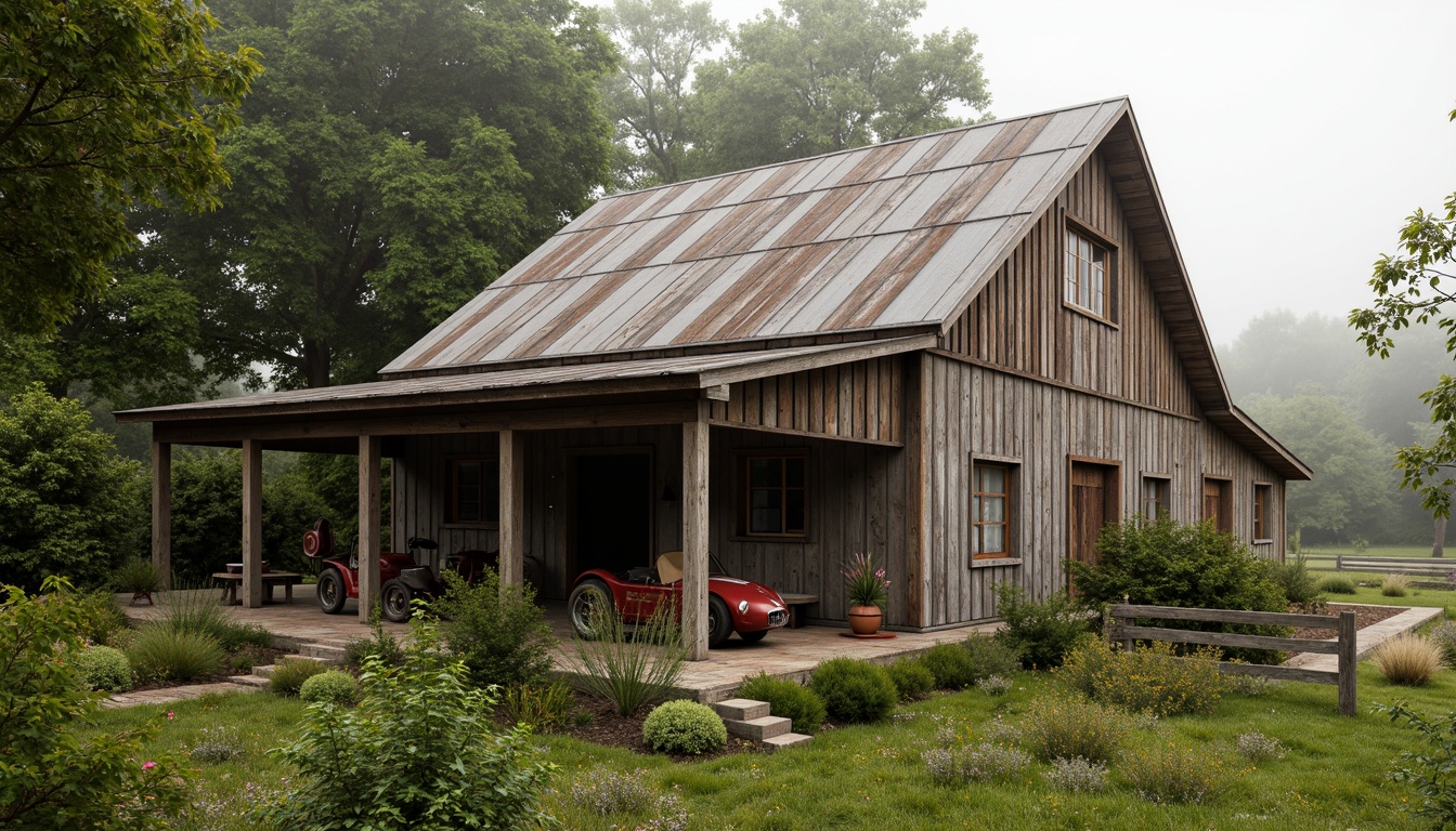 Prompt: Rustic barn, weathered wood planks, distressed finishes, earthy tones, natural stone foundations, wooden shutters, corrugated metal roofs, vintage farm equipment, overgrown wildflowers, lush greenery, misty morning, soft warm lighting, shallow depth of field, 3/4 composition, panoramic view, realistic textures, ambient occlusion.