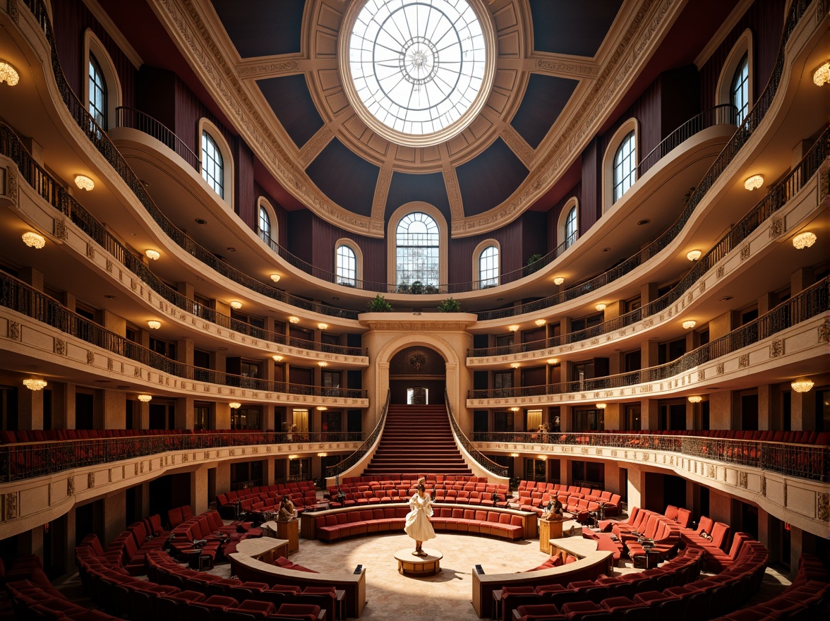 Prompt: Grand opera house, sweeping curves, ornate details, rich wood tones, velvet drapes, golden accents, majestic chandeliers, natural stone walls, grand staircase, intricate carvings, soft warm lighting, diffused sunlight, clerestory windows, high ceilings, dramatic shadows, 1/1 composition, symmetrical framing, realistic textures, ambient occlusion.