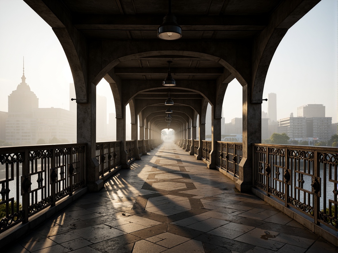 Prompt: Art Deco bridge, ornate metal railings, symmetrical arches, geometric patterns, chevron motifs, zigzag designs, metallic luster, urban cityscape, misty morning light, soft warm glow, shallow depth of field, 1/2 composition, realistic textures, ambient occlusion.