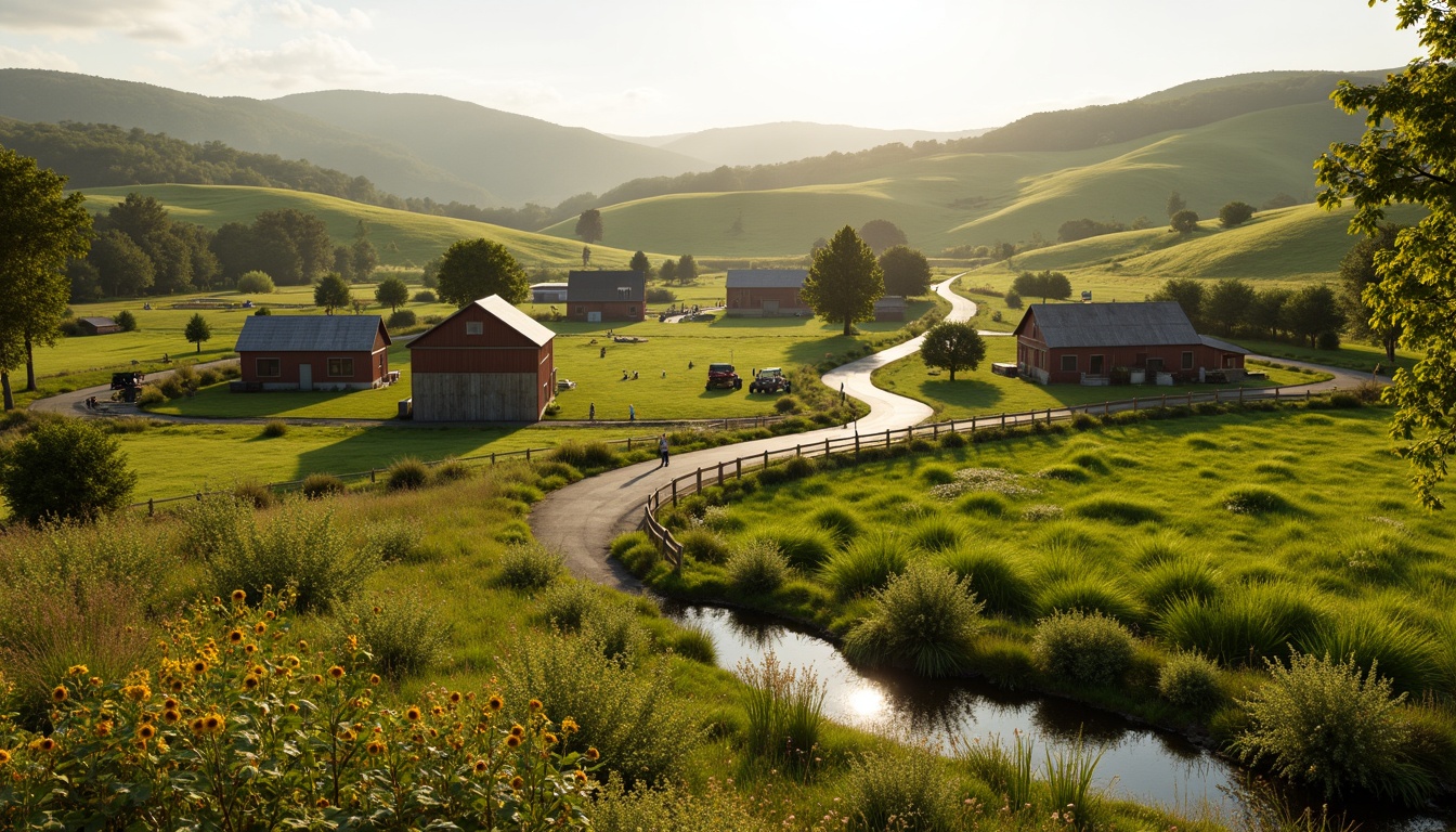 Prompt: Rustic farmland scenery, rolling hills, verdant pastures, scattered farmhouses, wooden fences, winding dirt roads, vintage tractors, lush green crops, sunflowers, wildflowers, rustic barns, weathered stone walls, natural ponds, serene rural atmosphere, warm golden lighting, shallow depth of field, 1/2 composition, panoramic view, realistic textures, ambient occlusion.