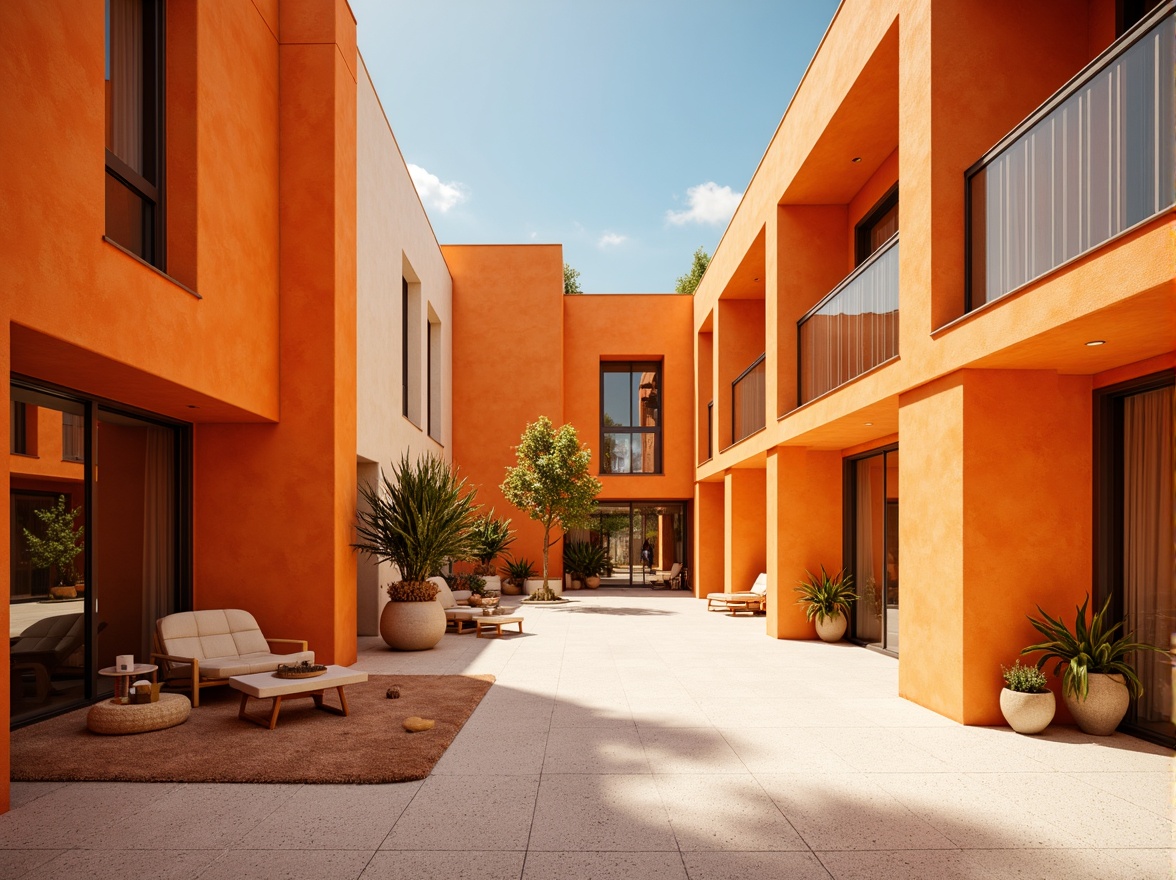 Prompt: Vibrant tangerine buildings, warm orange hues, inviting entranceways, playful geometric patterns, modern minimalist design, sleek metal accents, large windows, sliding glass doors, cozy reading nooks, plush furniture, natural wood textures, creamy white walls, bold color blocking, sunny day, soft warm lighting, shallow depth of field, 3/4 composition, panoramic view, realistic textures, ambient occlusion.