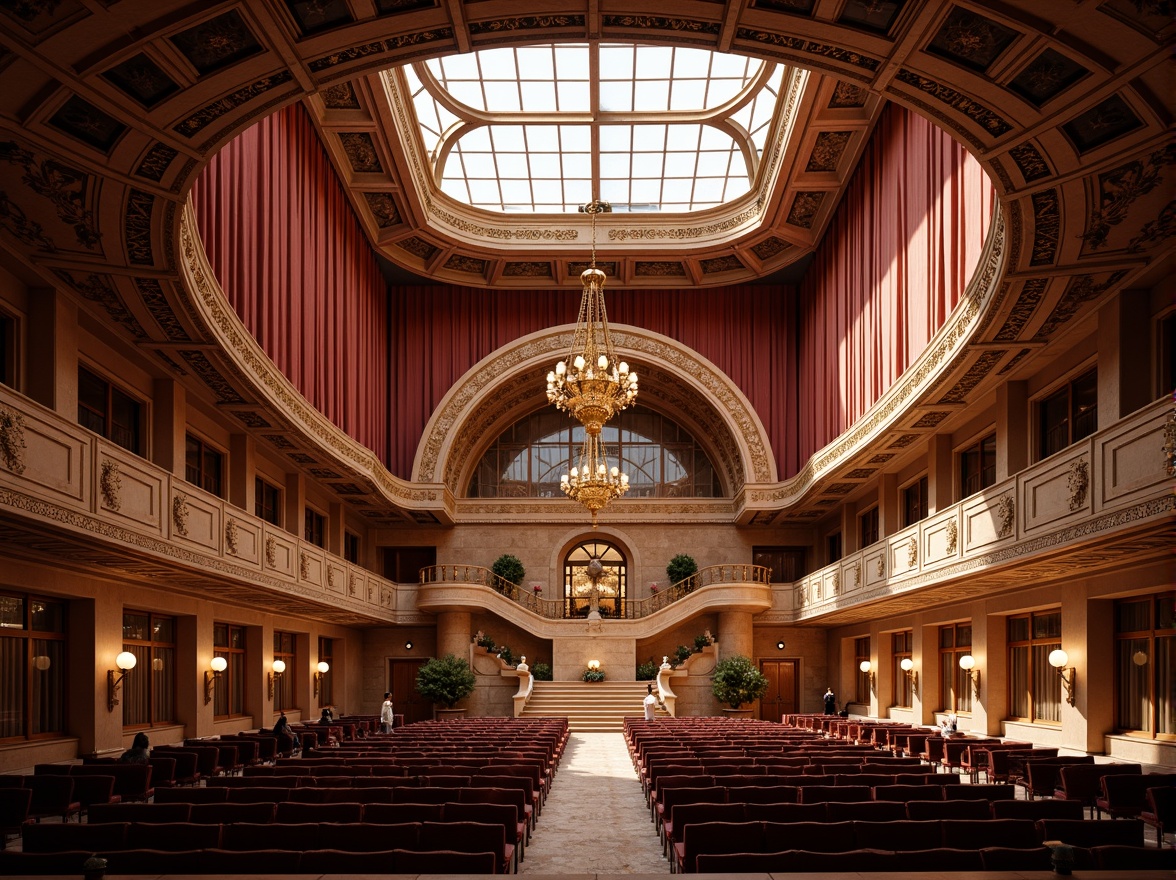 Prompt: Grand opera house, sweeping curves, ornate details, rich wood tones, velvet drapes, golden accents, majestic chandeliers, natural stone walls, grand staircase, intricate carvings, soft warm lighting, diffused sunlight, clerestory windows, high ceilings, dramatic shadows, 1/1 composition, symmetrical framing, realistic textures, ambient occlusion.