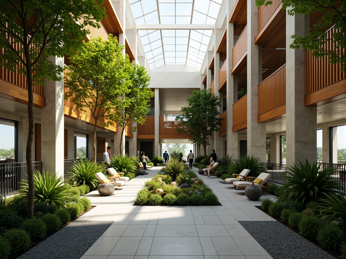 Prompt: Vibrant atrium, lush greenery, natural stone walls, wooden accents, floor-to-ceiling windows, clerestory windows, skylights, open floor plans, minimalist decor, reflective surfaces, bright color schemes, warm ambient lighting, soft shadows, 1/1 composition, shallow depth of field, panoramic view, realistic textures, ambient occlusion.