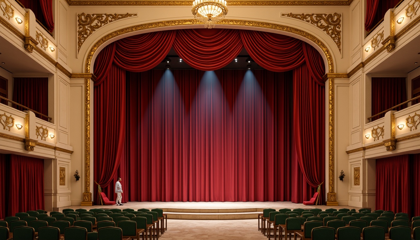 Prompt: Rich velvet curtains, ornate golden frames, soft warm lighting, majestic stage presence, neoclassical architectural details, cream-colored marble columns, intricate moldings, lavish chandeliers, crimson red accents, emerald green upholstery, luxurious silk fabrics, subtle sheen textures, dramatic spotlights, 3/4 composition, shallow depth of field, realistic reflections, ambient occlusion.