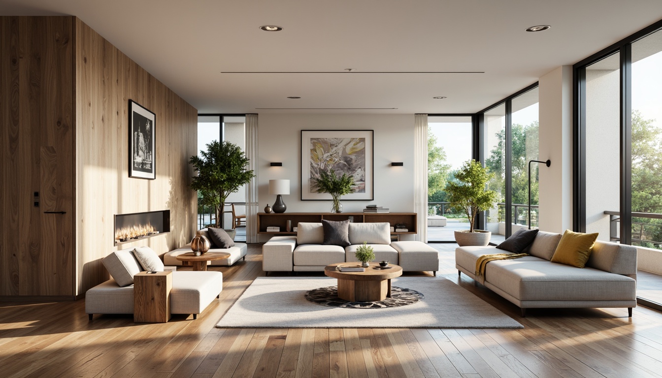 Prompt: Modern living room, sleek furniture, minimalist decor, functional layout, ample natural light, floor-to-ceiling windows, sliding glass doors, polished hardwood floors, comfortable seating areas, stylish coffee tables, decorative vases, greenery accents, soft warm lighting, 1/1 composition, shallow depth of field, realistic textures, ambient occlusion.