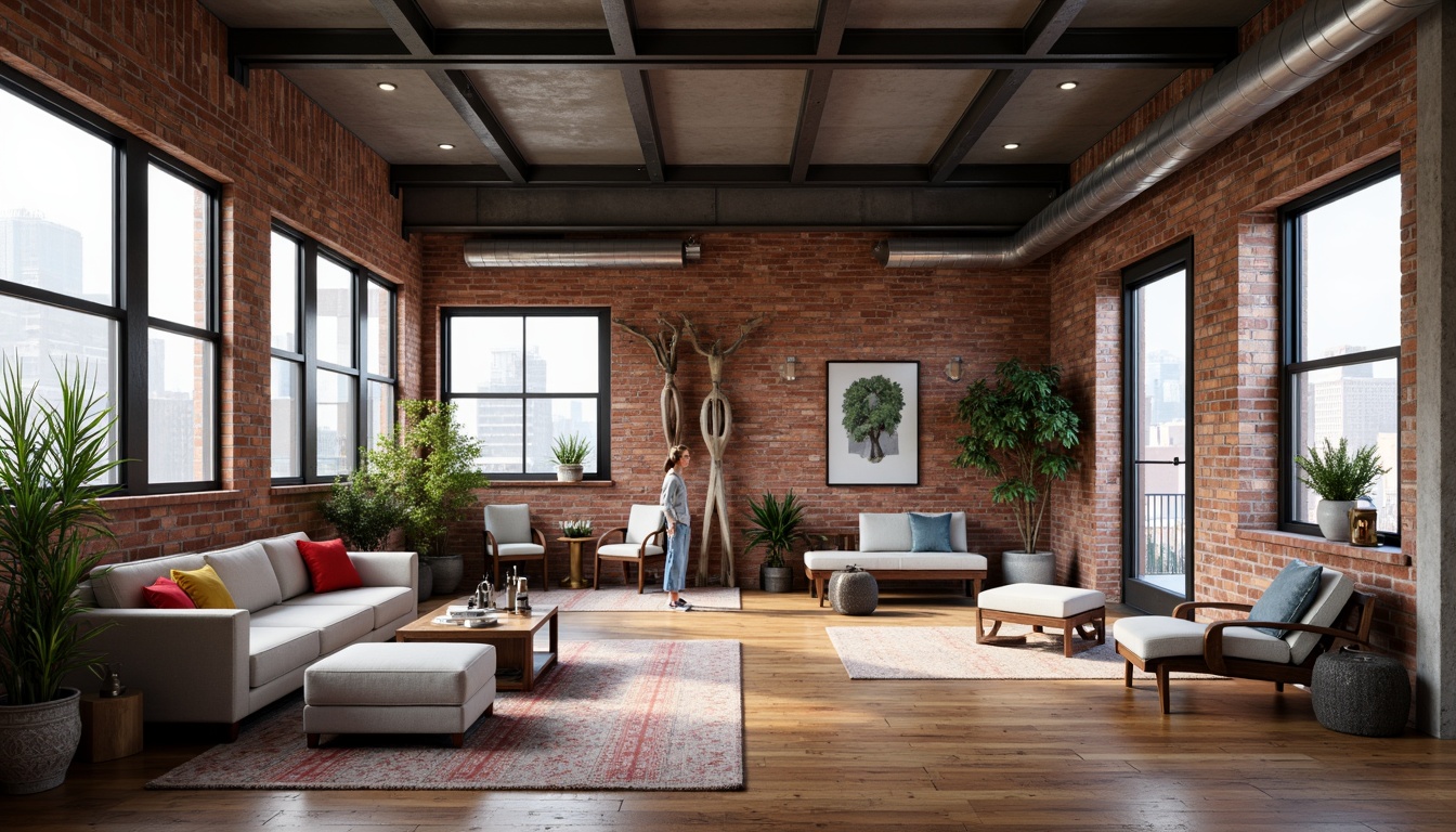 Prompt: Exposed brick walls, industrial metal beams, reclaimed wood floors, minimalist decor, abundant natural light, airy open spaces, eclectic furniture mix, vintage decorative items, urban cityscape views, concrete columns, steel windows, modern art pieces, abstract sculptures, bold colorful accents, high ceilings, functional modular layout, flexible living areas, cozy reading nooks, warm atmospheric lighting, shallow depth of field, 1/1 composition, realistic textures, ambient occlusion.