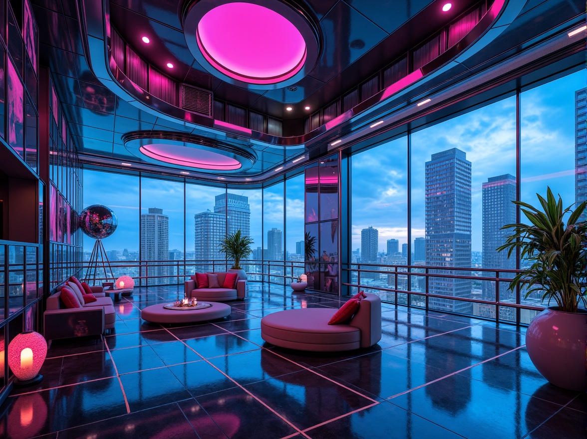 Prompt: Futuristic dwelling, neon-lit cityscape, sleek metallic surfaces, iridescent glass facades, holographic accents, luminescent LED lights, electric blue hues, hot pink undertones, chrome-plated details, high-gloss finishes, minimalist decor, geometric patterns, 3D-printed furniture, virtual reality interfaces, augmented reality displays, cyberpunk-inspired aesthetics, dystopian ambiance, low-poly textures, atmospheric fog effects, cinematic lighting, shallow depth of field, 1/1 composition, panoramic view.