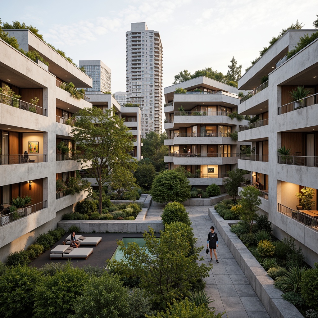 Prompt: Social housing complex, south-facing orientation, natural ventilation, passive solar design, green roofs, communal gardens, vibrant street art, urban landscape, modern architecture, angular balconies, large windows, sliding glass doors, warm color scheme, textured concrete walls, wooden accents, cozy interior spaces, soft diffused lighting, 1/1 composition, shallow depth of field, realistic textures, ambient occlusion.