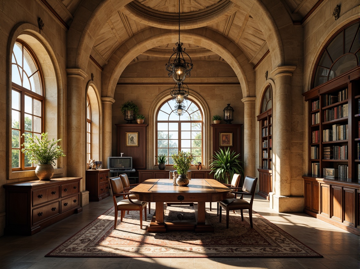 Prompt: Rustic office interior, Romanesque arches, stone columns, ornate carvings, warm beige tones, rich wood accents, leather-bound tomes, vintage metal lanterns, stained glass windows, natural light pouring in, soft warm lighting, shallow depth of field, 3/4 composition, symmetrical framing, earthy color palette, textured stonework, intricate moldings, classic furniture pieces, plush area rugs, elegant conference tables.