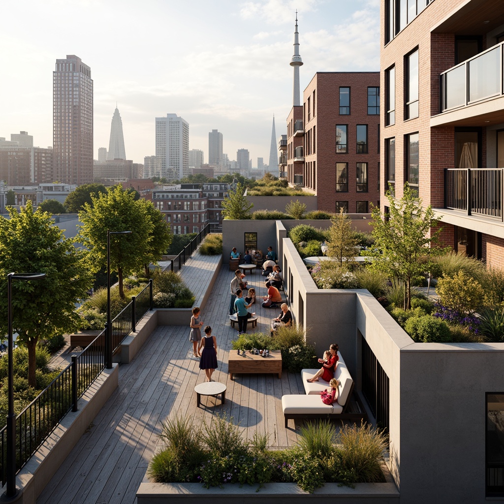 Prompt: Community-focused social housing, elevated viewing platforms, urban landscape, city skyline, modern architecture, sleek metal railings, wooden decking, green roofs, communal gardens, vibrant street art, eclectic furniture, cozy seating areas, warm lighting, shallow depth of field, 1/1 composition, realistic textures, ambient occlusion.