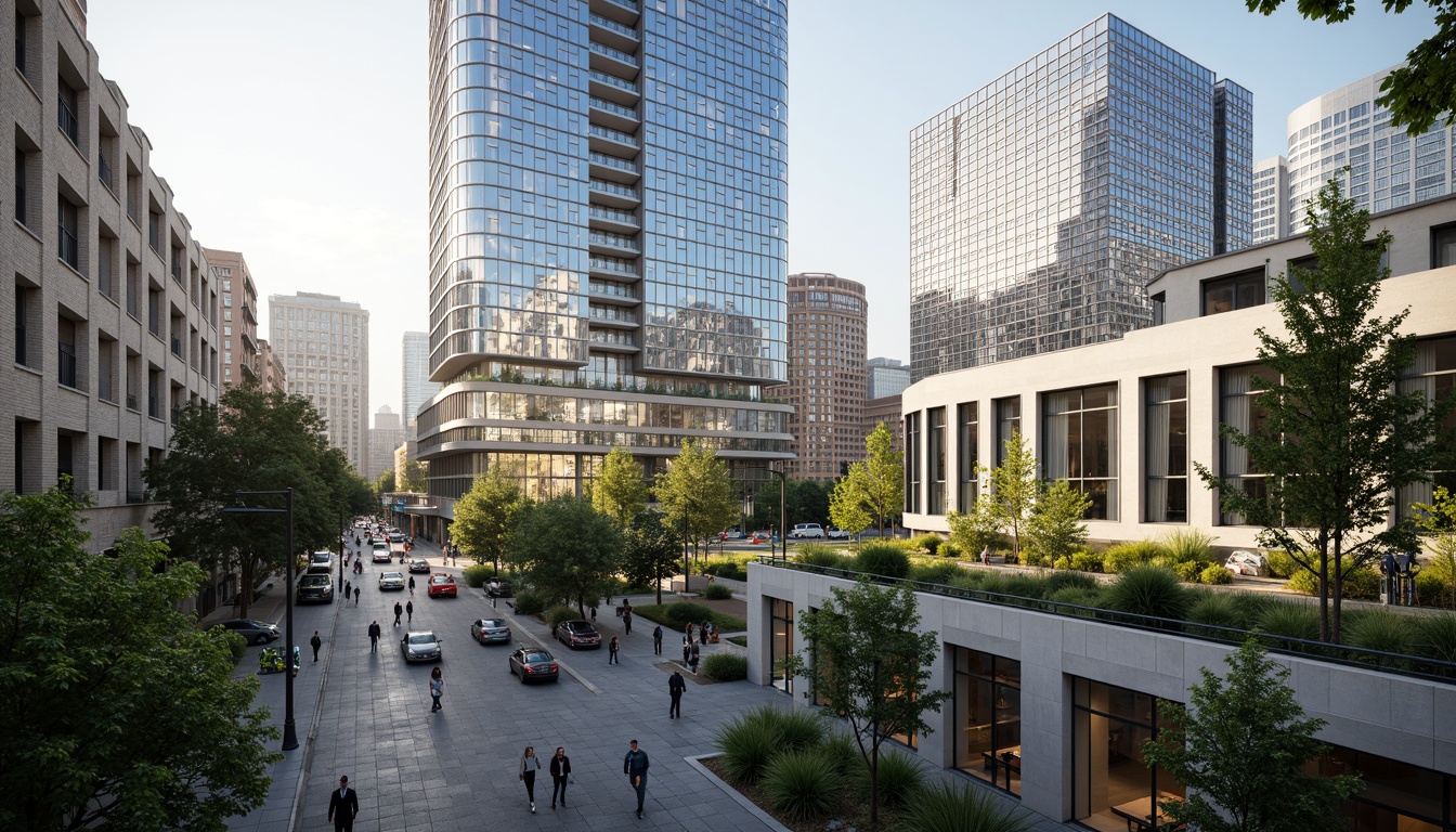 Prompt: Glass curtain walls, sleek metal frames, minimalist ornamentation, neutral color palette, reflective surfaces, angular lines, cantilevered roofs, green roofs, living walls, vertical gardens, modern skyscrapers, urban cityscape, busy streets, morning sunlight, soft warm lighting, shallow depth of field, 3/4 composition, panoramic view, realistic textures, ambient occlusion.