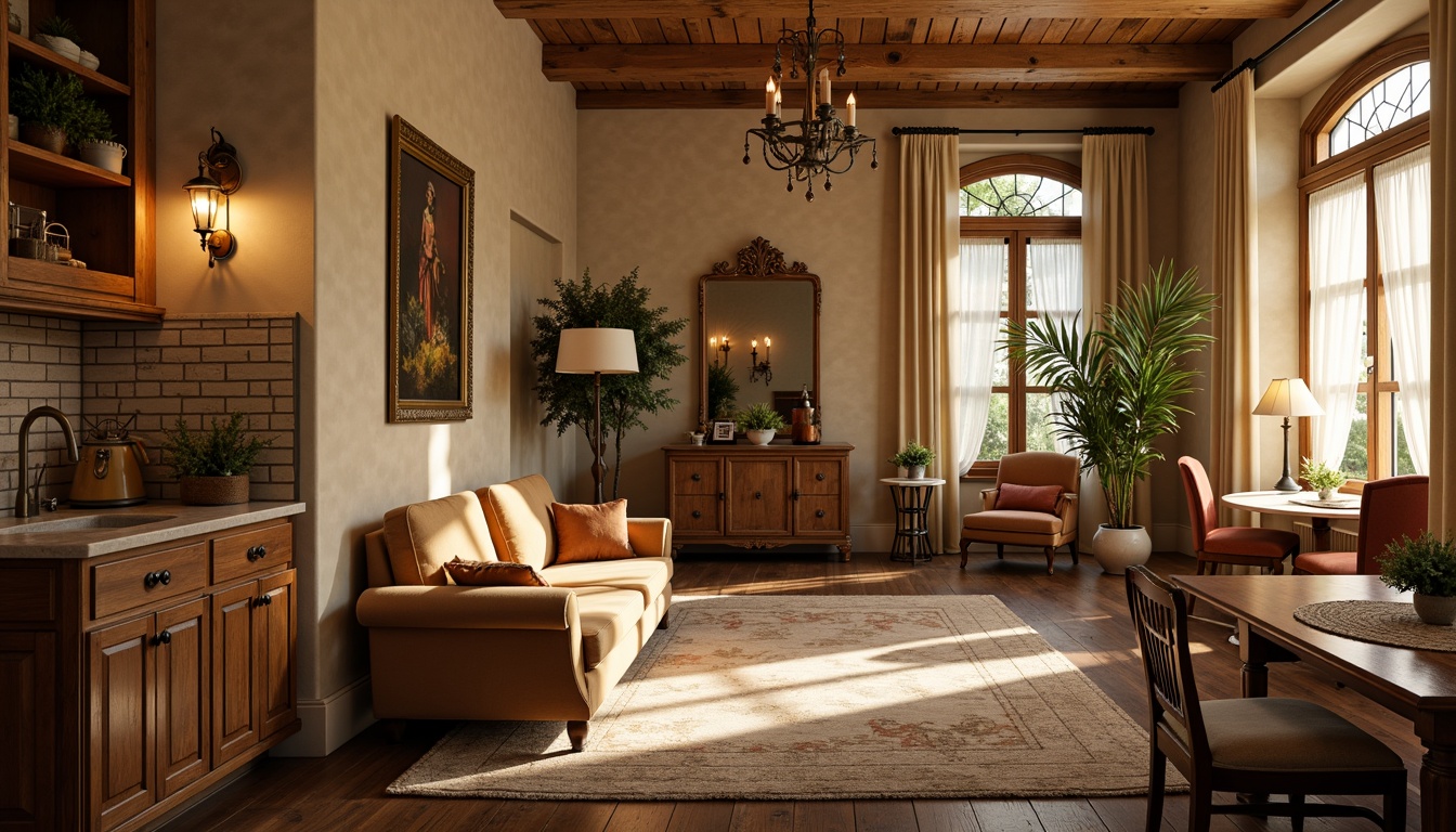 Prompt: Warm beige walls, soft velvet sofas, distressed wood flooring, ornate metal fixtures, vintage pendant lamps, plush area rugs, rich walnut cabinetry, creamy marble countertops, delicate lace curtains, antique furniture pieces, rustic brick accents, warm golden lighting, shallow depth of field, 1/1 composition, intimate atmosphere, realistic textures, ambient occlusion.