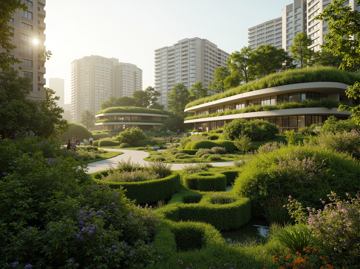 Prompt: Lush green roofs, verdant walls, cinematic cityscape, futuristic architecture, sleek curves, sustainable design, eco-friendly materials, natural ventilation systems, abundant sunlight, soft warm lighting, shallow depth of field, 3/4 composition, panoramic view, realistic textures, ambient occlusion, serene atmosphere, vibrant flowers, trees, misty morning, gentle breeze, peaceful ambiance.