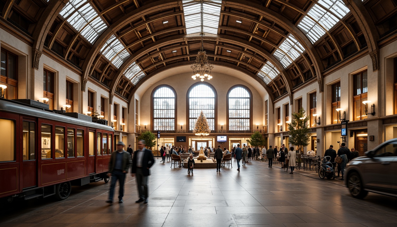 Prompt: Grand train station, sweeping curved lines, elegant arches, ornate details, luxurious materials, high ceilings, spacious interiors, natural stone floors, intricate metalwork, vintage luggage carts, bustling atmosphere, warm soft lighting, shallow depth of field, 1/1 composition, realistic textures, ambient occlusion.