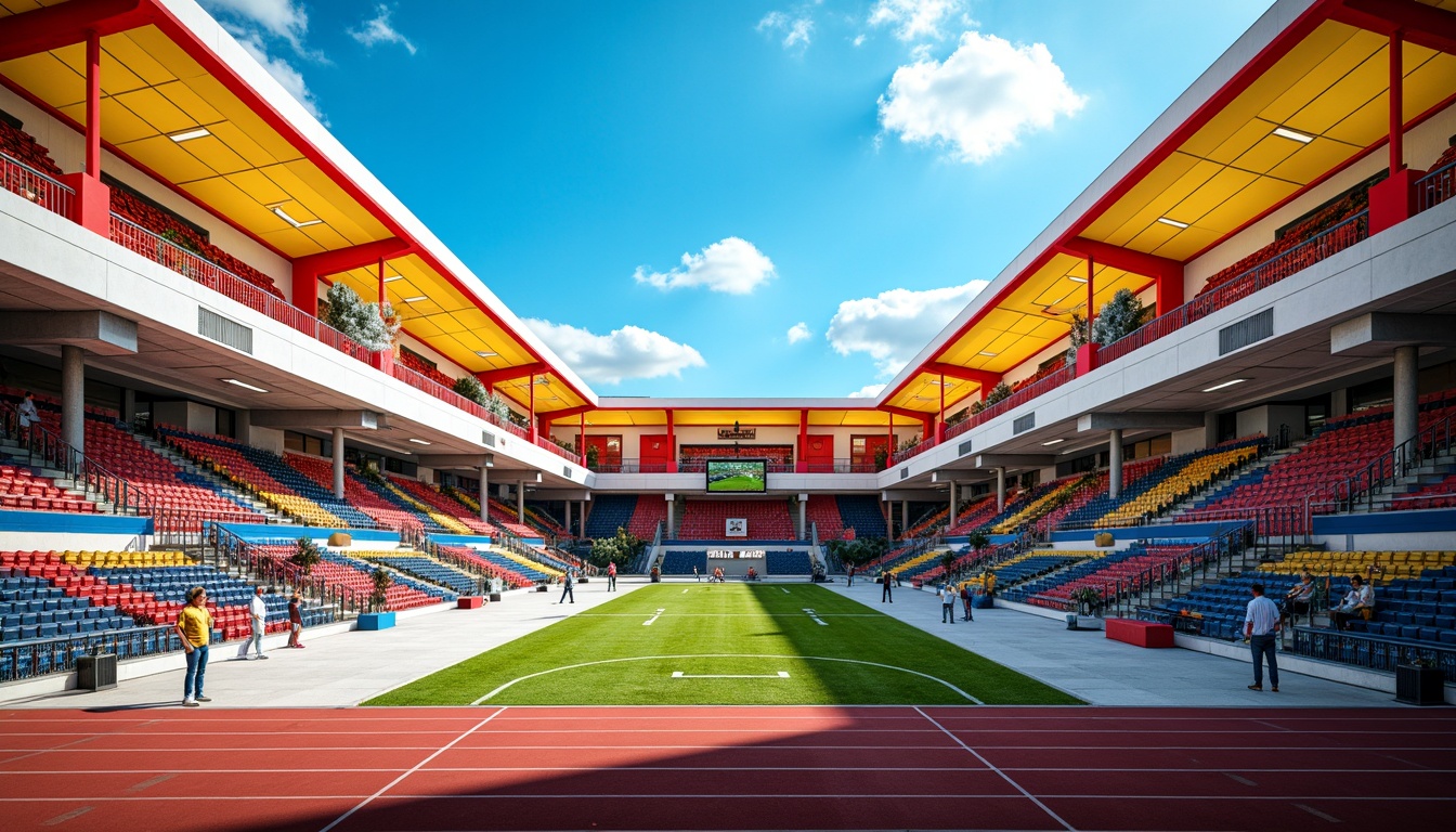 Prompt: Vibrant stadium architecture, bold geometric shapes, primary color scheme, bright red accents, deep blue tones, yellow highlights, white concrete structures, industrial metal beams, minimalist design, functional simplicity, athletic track, green grass fields, sunny day, dramatic shadows, high-contrast lighting, 1/1 composition, symmetrical framing, abstract textures, ambient occlusion.